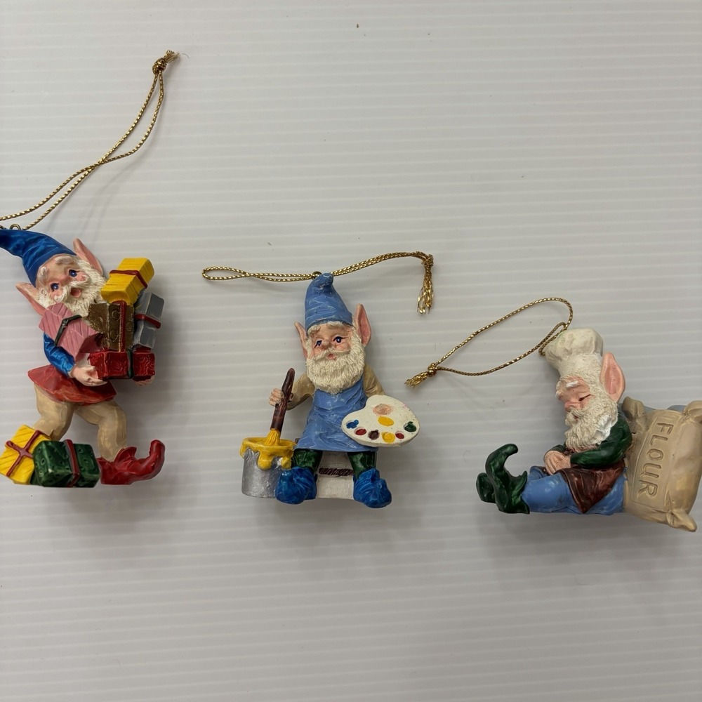 Vintage Christmas Elf Ornament Lot Of 3 Taiwan Pixie Gnome Painter Baker‎ Gifts
